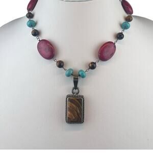 Handpicked Sterling Silver Necklace Tiger's Eye & Dyed Howlite Mexican Pendant